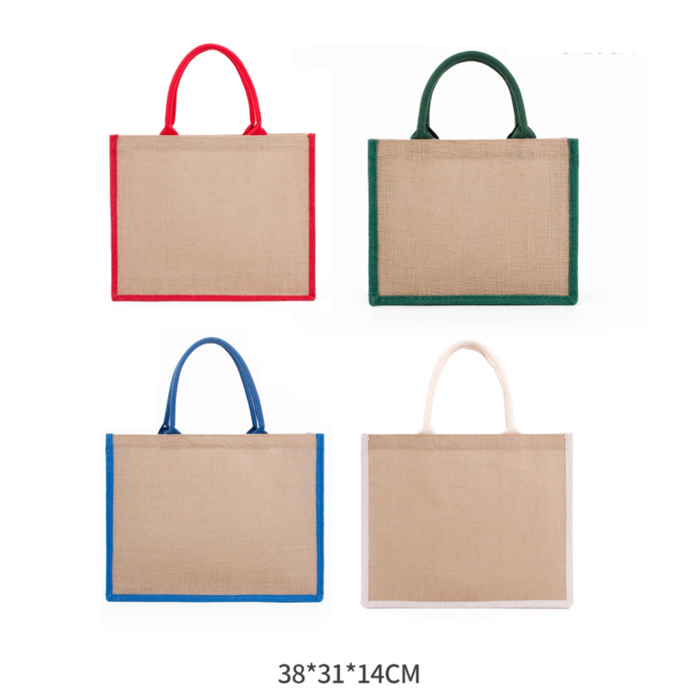 BA005_2 กระเป๋าผ้ากระสอบ ถุงผ้าลดโลกร้อน ของพรีเมี่ยม ขนาด 38x31x14 ซม. มีหูสีแดง เขียว น้ำเงิน ครีม